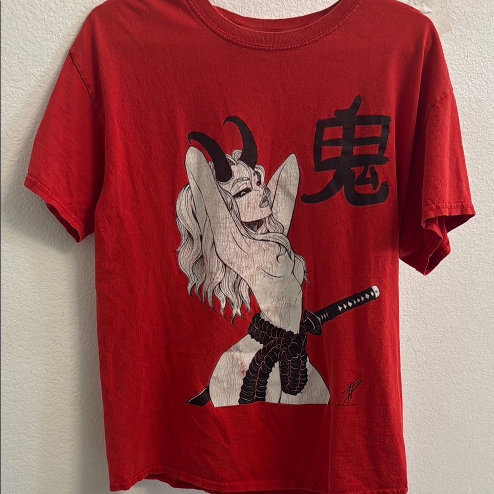 Red Graphic T-Shirt with Demon Design